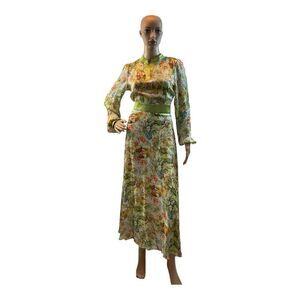 Vintage Women Flower Power Bright Floral Maxi Long Sleeve Polyester  Dress.SizeM